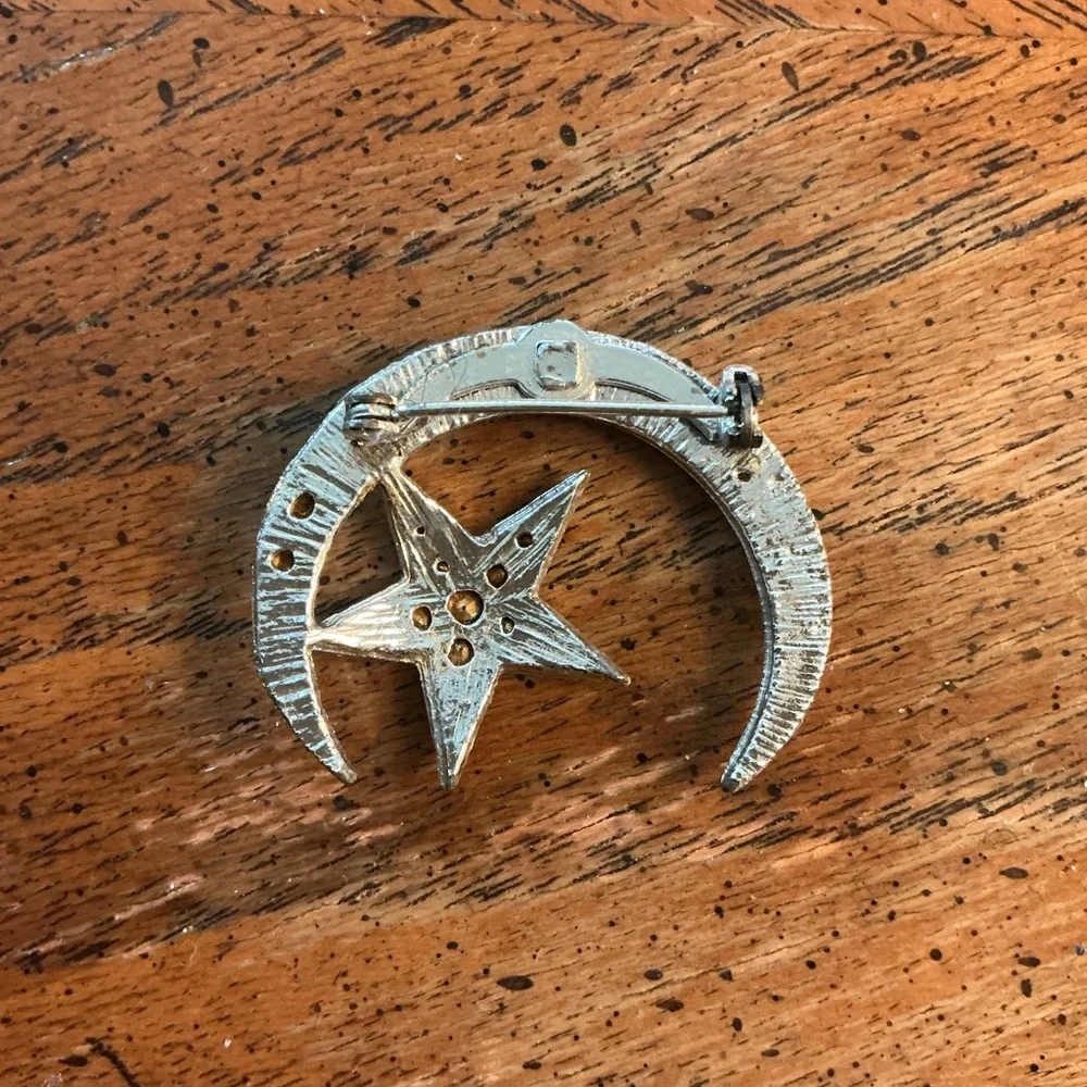 Vintage 70s Celestial Rhinestone Crescent Moon Star Brooch Pin Whimsigoth Retro